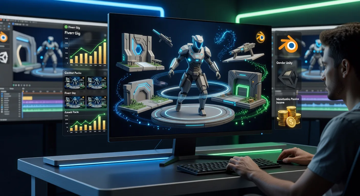 Content Creator Showcasing 3D Assets in Modern Studio