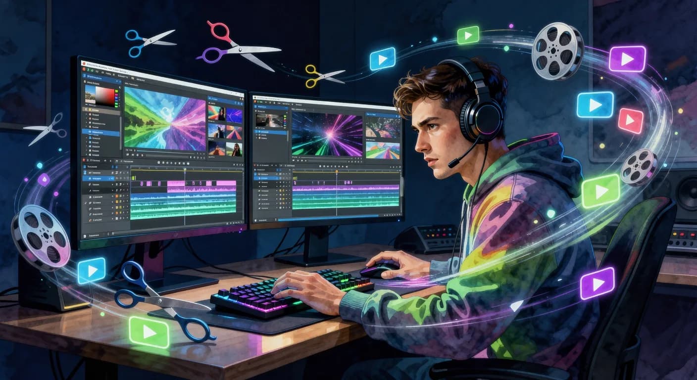 Young Video Editor at Work in Modern Studio