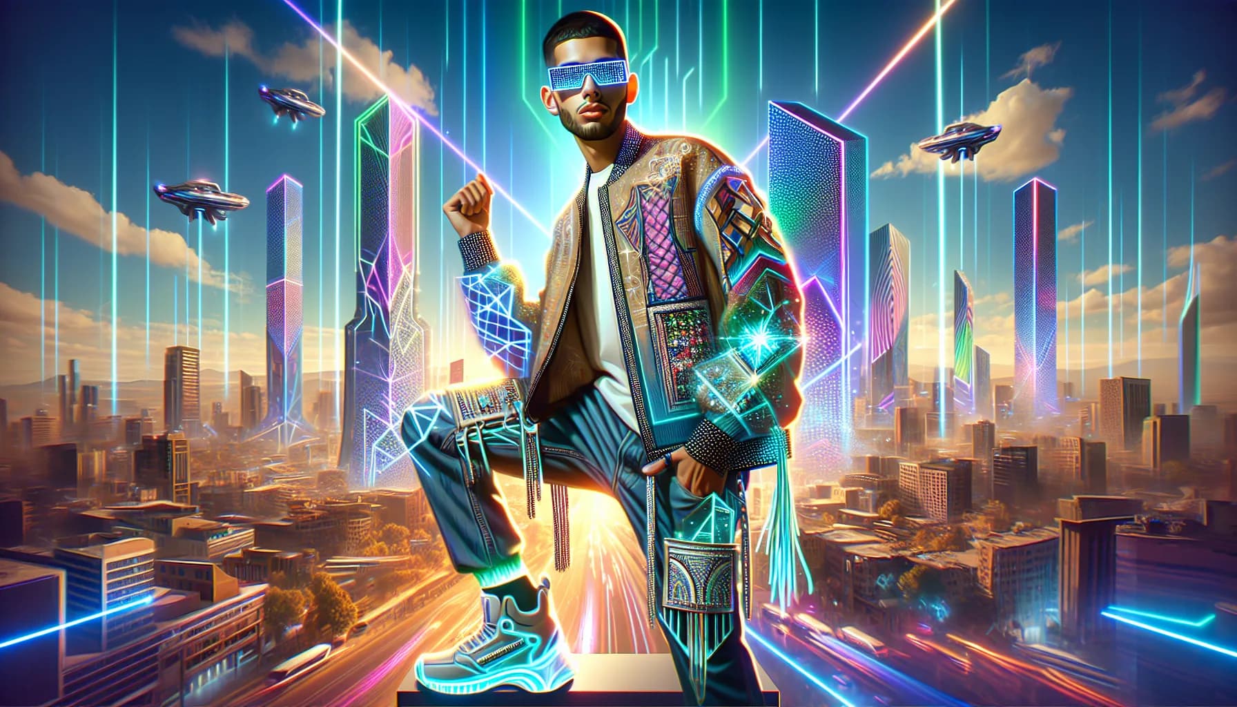 Trendy Influencer Caricature in Futuristic City