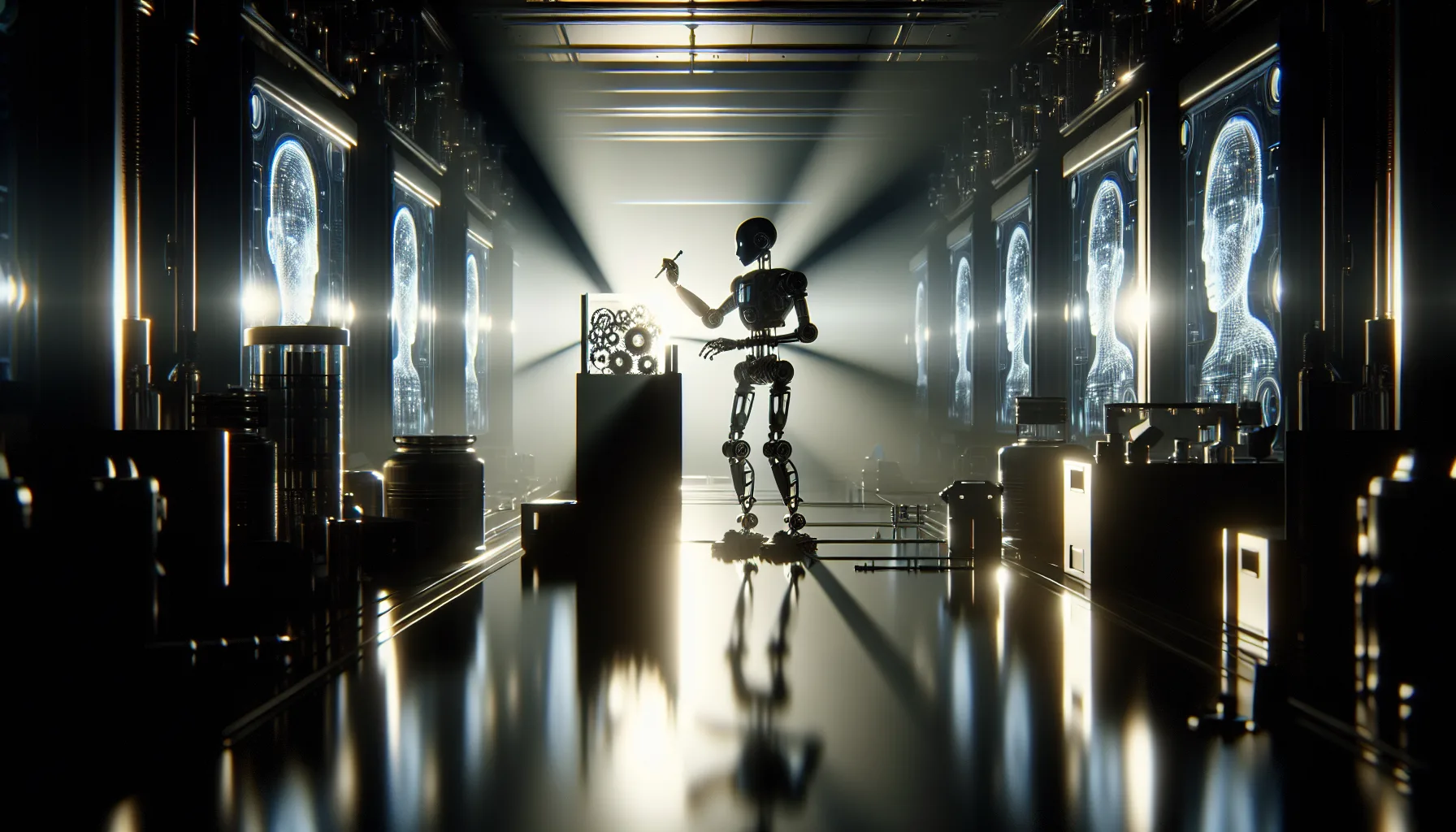 Futuristic AI Robot Assembling Gadgets in High-tech Lab