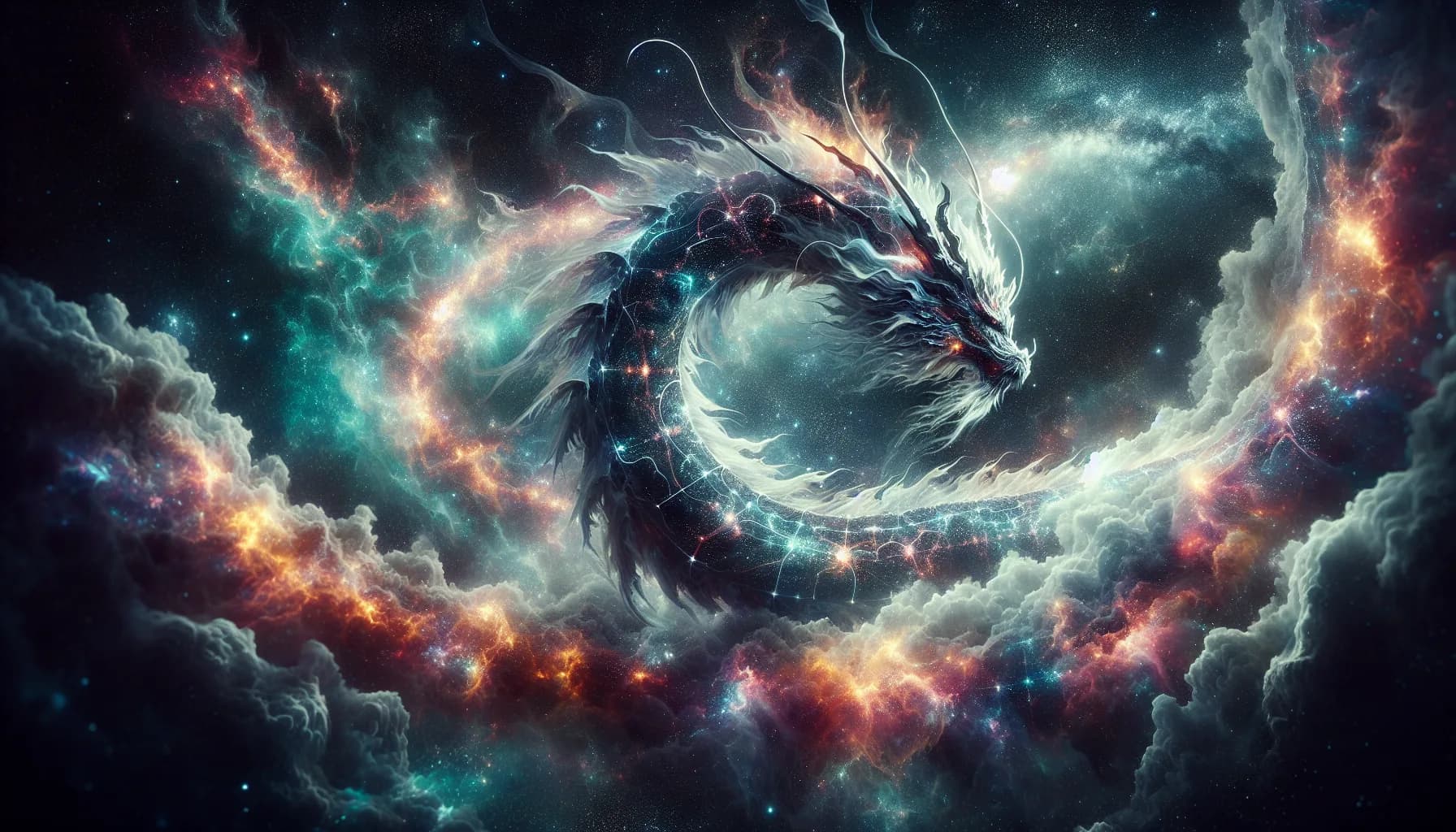 Colossal Cosmic Dragon Swirling Through the Stars, Glowing Constellations on Its...