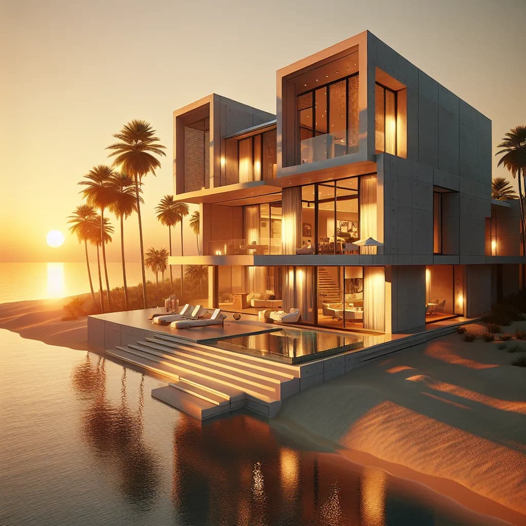 Architectural Visualization of a Modern Beachfront Villa at Sunset, Physically...